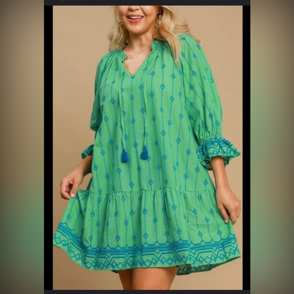 Umgee Full Size Tassel Embroidered Flounce Sleeve Mini Dress  size M boho - Picture 2 of 4